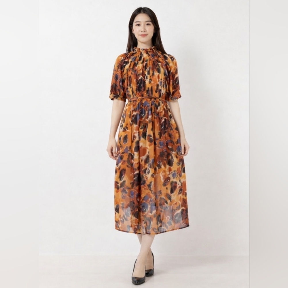 EOM SALE Worthington Elegant Floral Midi Dress Orange Brown Belted Side Slit
